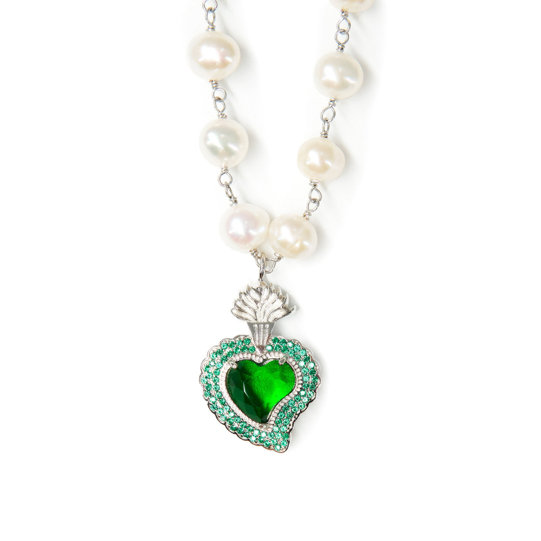 Rocky Radiant Heart Pearl Necklace (Green)
